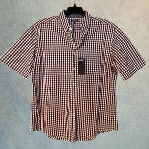 Mix&NY Button Up Shirt Mens Large Red Checks Short Sleeve Pocket Oxford NEW!